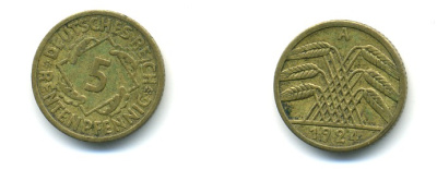 ГЕРМАНИЯ 5 РЕНТЕНПФЕННИГОВ 1924 А, KM 32, J. 308 алюминиевая бронза 80-756