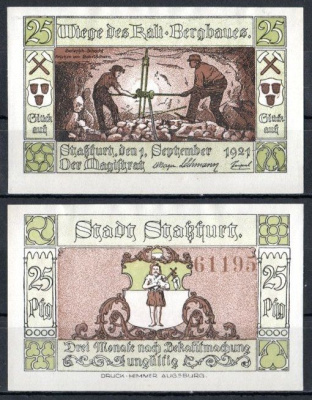 Штасфурт (Пруссия, Саксония) 25 пфеннигов 1921 Mehl Grabowski 1256.2b-2/6 бумага UNC (пресс) 7556-67-3-1