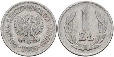 Польша 1 злотый 1966 MW KM 49.1 алюминий    4187-355