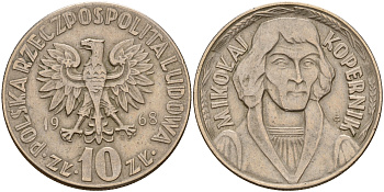 Польша 10 злотых 1968 MW, Николай Коперник KM 51а медно-никель    4157-846