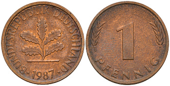 ФРГ 1 пфенниг 1987 D KM 105, J. 380 сталь плакированная медью    4598-642
