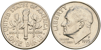 США 1 дайм - 10 центов 1995 P, Рузвельт KM 195а медь плакированная медно-никелем    4608-642
