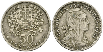 Португалия 50 сентаво 1951 KM 577 медно-никель 4148-335