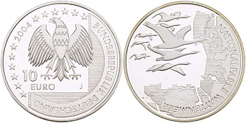 ФРГ 10 евро 2004 J, Национальный парк, Ваттовое море (Wattenmeer) KM 232, DE.S 10.15 серебро PROOF 1085-5-61