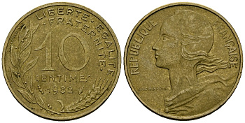 Франция 10 сантимов 1982 тип Marianne KM 929 алюминиевая бронза 4136-422