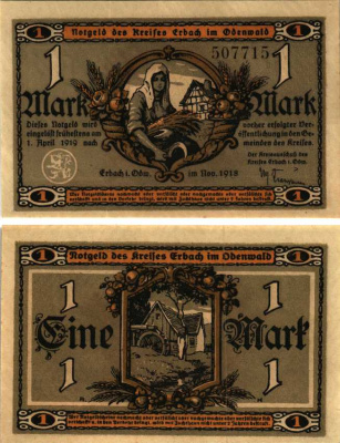 ЭРБАХ ОДЕНВАЛЬД 1 МАРКА 1918 НОТГЕЛЬД, 1918 - 1 АПРЕЛЯ 1919, ЗЕМЛЯ ГЕССЕН Geiger 135.01 бумага 6318-48-2-1