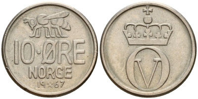 Норвегия 10 эре 1967 пчела, Улаф V (1958-1991) KM 411 медно-никель 4152-454