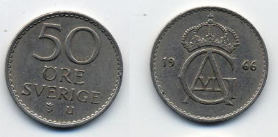 Швеция 50 эре 1966 U, Густав VI Адольф (1950-1973) KM 837 медно-никель 23-843