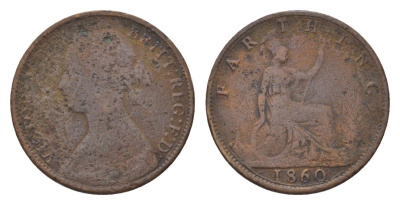 Великобритания 1 фартинг 1860 Виктория (1837-1901) KM 747, Spink 3950 бронза 4623-1042