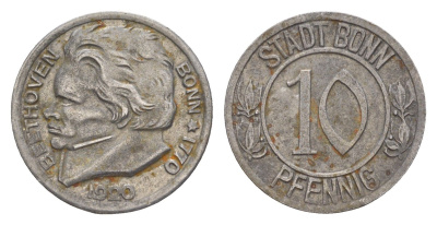Бонн 10 пфеннигов 1920 Бетховен Funck 51.1A, Men05 3220.1, Men18 4134.1 железо 4636-844