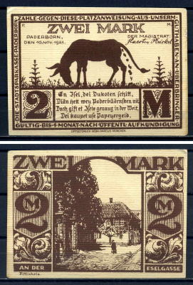 Падерборн (Вестфалия) 2 марки 1921 Эзельгассе в Падерборн DeNG 1/2 1043.5-5/5 картон UNC (пресс) 7556-3-4-1