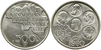 Бельгия 500 франков 1980 150 лет независимости, Belgie, Бодуэн I (1951-1993) KM 162 медно-никель покрытый серебром 4558-512