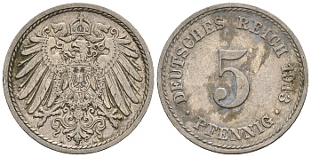 Германия 5 пфеннигов 1913 A, KM 11, J. 12 медно-никель 220-717