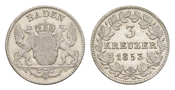 Баден 3 крейцера 1853 Леопольд (1830-1852) KM 211 серебро 1526-1032