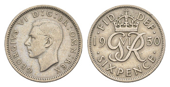Великобритания 6 пенсов 1950 Георг VI (1936-1952) KM 875, Spink 4110 медно-никель 4639-236