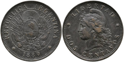 Аргентина 2 сентаво 1889 голова Свободы влево KM 8 бронза 4531-916