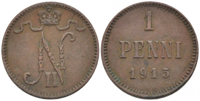 РОССИЯ ДЛЯ ФИНЛЯНДИИ 1 ПЕННИ 1915 НИКОЛАЙ II KM 13, Биткин 475 медь 261-1125