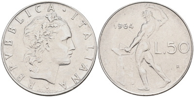 Италия 50 лир 1964 R, бог огня Вулкан у наковальни KM 95.1 нержавеющая сталь 4595-356