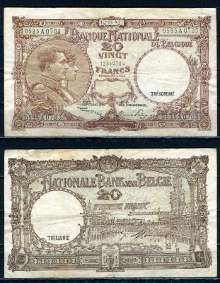 Бельгия 20 франков 1947 10.05.1947, Король Альберт I и его жена Королева Елизавета, Гран-Плас / Гроте Маркт, Брюссель Pick 111 (3) бумага 6301-20-2-1