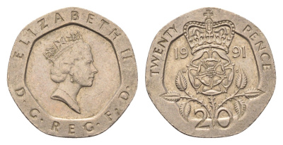 Великобритания 20 пенсов 1991 Елизавета II (1952-2022) KM 939, Spink 4361 (G2) медно-никель 4696-844