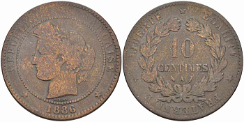ФРАНЦИЯ 10 САНТИМОВ 1886 A, ТРЕТЬЯ РЕСПУБЛИКА (1871-1940) KM 815.1, LA FRANC 135.30 бронза 97-1015
