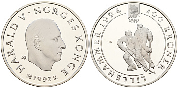 Норвегия 100 крон 1992 зимние Олимпийские игры 1994 года в Лиллехаммере, хокей  KM 441 серебро  PROOF  11-236-32