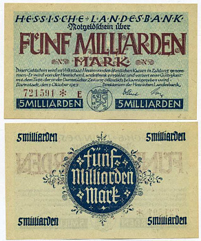 Германия, Дармштадт 5000000000 марок (5 миллиардов марок) 1923 1 октября 1923, нотгельд, земля Гессен, номер, снежинка, серия Е, Hessesche Landesbank Keller 956е  бумага  UNC (пресс) 8613-23-1-2