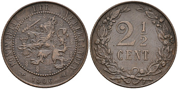 Нидерланды 2 1/2 цента 1906 Вильгельмина (1890-1948) KM 134 бронза 4575-912
