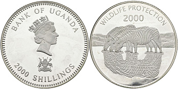 Уганда 2000 шиллингов 2000 серия защита дикой природы, зебры, тираж 5000 экз. KM 73 серебро PROOF 1098-3-12