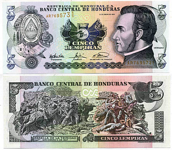 ГОНДУРАС 5 ЛЕМПИРА 2003 23 ЯНВАРЯ 2003, ФРАНСИСКО МОРАСАН, СЦЕНА БИТВЫ ЗА ТРИНИДАД Pick 85с бумага UNC (ПРЕСС) 7551-2-3-2