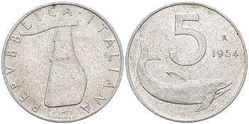 ИТАЛИЯ 5 ЛИР 1954 R, РУЛЬ, ДЕЛЬФИН KM 92 алюминий 95-516