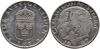 Швеция 1 крона 1997 Карл XVI Густав (1973- ) KM 852a медно-никель 4382-912