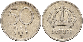 Швеция 50 эре 1949 TS, Густав V (1907-1950) KM 817 серебро 4148-857