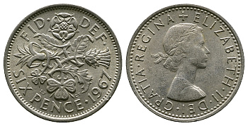 Великобритания 6 пенсов 1967 Елизавета II (1952-2022) KM 903, Spink 4149 медно-никель 4381-867