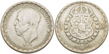 Швеция 1 крона 1945 G, Густав V (1907-1950) KM 814 серебро 119-1117