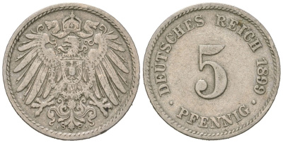 Германия 5 пфеннигов 1899 J, Вильгельм II (1888-1918) KM 11, J. 12 медно-никель 4615-732