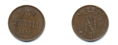 РОССИЯ ДЛЯ ФИНЛЯНДИИ 5 ПЕННИ 1906 Биткин 447 медь 53-642