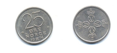 НОРВЕГИЯ 25 ЭРЕ 1974 KM 417 медно-никель 4379-969