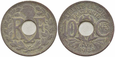 ФРАНЦИЯ 10 САНТИМОВ 1924 ТИП ЛИНДАЙЁ KM 866а, LE FRANC 138.10 медно-никель 108-144