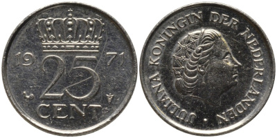 Нидерланды 25 центов 1971 Юлиана (1948-1980) KM 183 никель 116-518