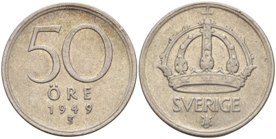 Швеция 50 эре 1949 TS, Густав V (1907-1950) KM 817 серебро 4148-857