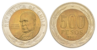 Чили 500 песо 2000 кардинал Рауль Сильва Энрикес (1907-1999) KM 235 биметалл UNC 4641-535