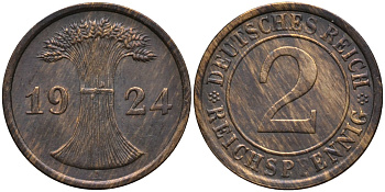 Германия 2 рейхспфеннига 1924 A KM 38 бронза 66-554