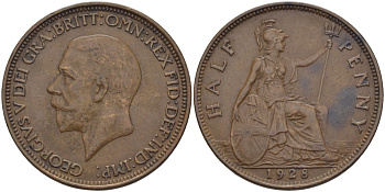 Великобритания 1/2 пенни 1928 Георг V (1910-1936) KM 837 Spink 4058 бронза 28-333