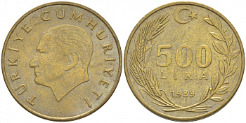 Турция 500 лир 1989 Кемаль Ататюрк KM 989 алюминиевая бронза 4402-1032