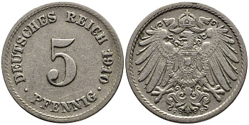 Германия 5 пфеннигов 1910 F KM 11, Jager 12, Weege 6 медно-никель 4547-518