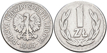 Польша 1 злотый 1965 MW KM 49.1 алюминий    4142-423