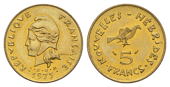 Французские Новые Гебриды 5 франков 1975 заморские территории KM 6.2 медь алюминий никель  aUNC  4641-117