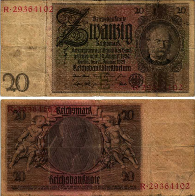 ГЕРМАНИЯ 20 РЕЙХСМАРОК 1929 22 ЯНВАРЯ 1929, БУКВА Е Pick 181а бумага 6299-15-3-2