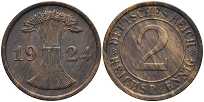 Германия 2 рейхспфеннига 1924 A KM 38 бронза 66-554